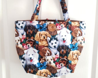 puppy dog large tote bag, project carryall, purse, shopping grocery tote, gift for dog lovers