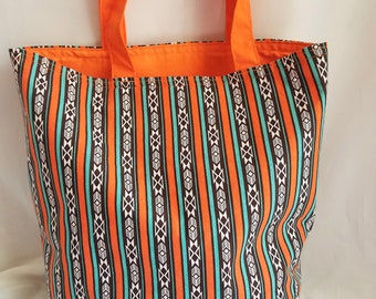 grocery and shopping tote handmade and reusable gift tote Aztec design gift bag project bag for yarn eco-friendly carry all bookbag