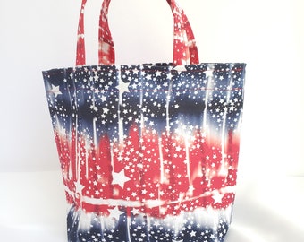 tie dye gift bag, red white blue handmade cotton tote with handles, patriotic eco-friendly gift wrapping, 7" tall x 9" wide