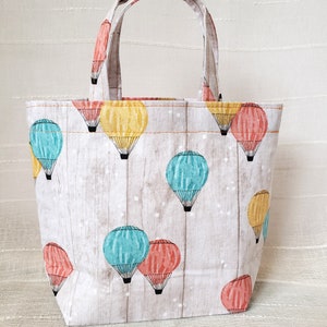 hot air balloons gift bag, handmade cotton fabric tote with handles, eco-friendly, 7" tall x 9" wide