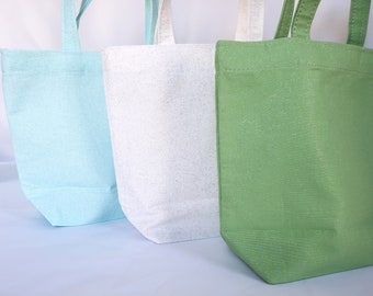 gift bags with sparkle, green, white, blue bags with handles, gift wrapping, handmade cotton small tote 7" tall x 9" wide