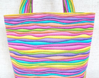 cloth gift bag with handles, colorful waves tote, handmade small cotton tote, special occasion, 7" tall x 9" wide