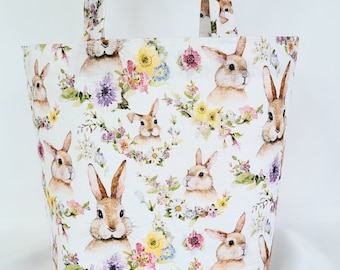 gift bag with handles, rabbits and flowers handmade small cotton tote, 7" tall x 9" wide