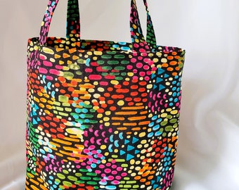fabric bag with handles, gift bag, tote with multi-color design, cotton fabric tote, special occasion gift wrapping,  8" tall x 9.5" wide