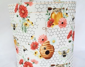 honeycomb bubble bees gift bag, cotton fabric tote with handles, bees with flowers, reusable eco-friendly, project bag, 7" tall x 9" wide