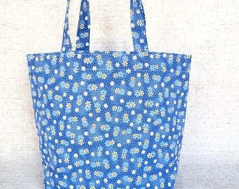 small gift bag, handmade cotton tote with handles, small flowers on blue, gift wrapping, project bag