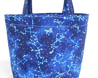 constellations gift bag, handmade cotton fabric tote with handles, reusable eco-friendly, 7" tall x 9" wide