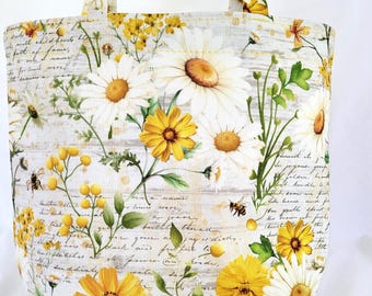 daisy and sunflowers floral small tote, gift bag, project bag