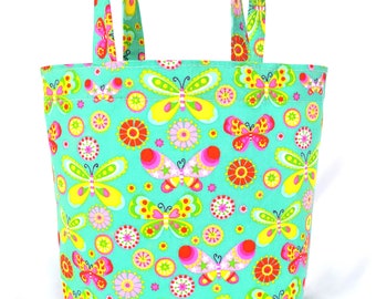 cotton fabric tote with handles, colorful butterflies, gift bag, reusable eco-friendly, project bag, 7" tall x 9" wide