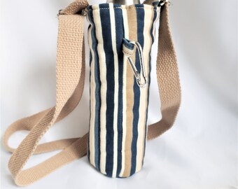 skinny water bottle carrier with beige adjustable strap, cross body multi-color stripe beverage holder, camping hiking