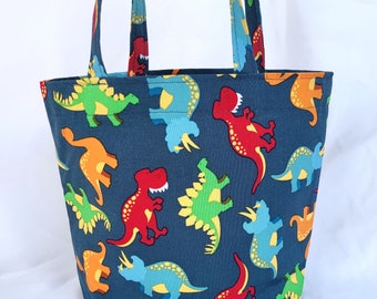 dinosaurs gift bag with handles, colorful dinos, small cotton fabric tote, baby shower or birthday packaging, carry bag, gift wrapping, 7X9