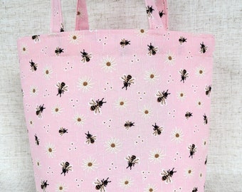 bubble bees gift bag, cotton fabric tote with handles, bees on pink gift bag, reusable eco-friendly, project bag, 7" tall x 9" wide