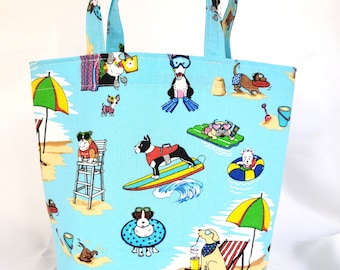 gift bag with dogs on the beach, cotton fabric tote with handles, gift bag, reusable eco-friendly, project bag, 7" tall x 9" wide