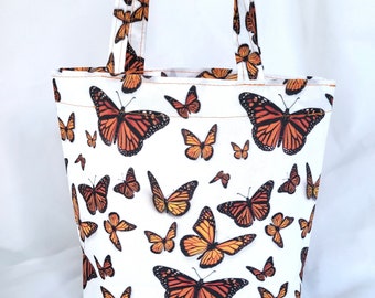 butterfly small gift bag, cotton fabric tote with handles, monarch butterflies bag, reusable eco-friendly, project bag, 7" tall x 9" wide