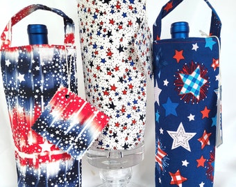 patriotic celebration wine gift bag, hostess gift at barbecue, picnic, favorite beverage holder, BYOB