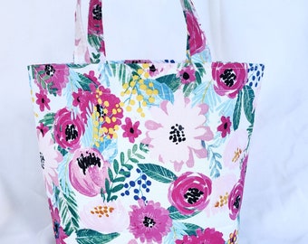 wild flowers cotton fabric gift bag, colorful pink tote with handles, gift wrapping, hostess gift, project bag