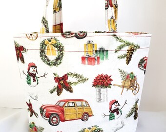 cotton fabric gift bag, old fashion holiday, small size tote with handles, festive holiday wrapping, gift bag, 7x9"