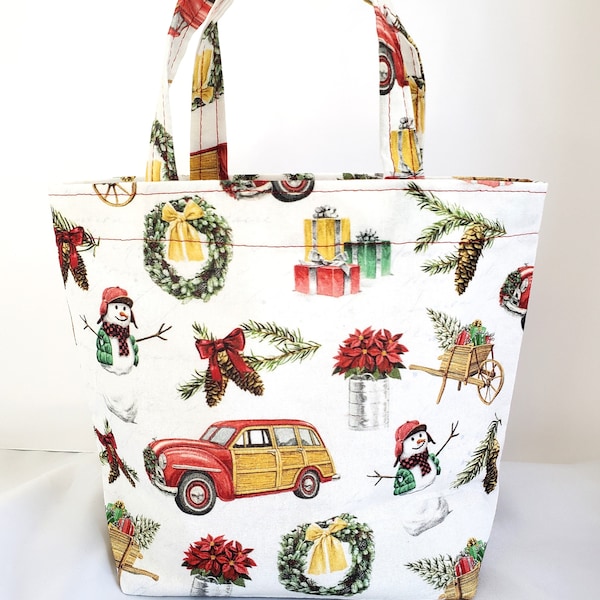 cotton fabric gift bag, old fashion holiday, small size tote with handles, festive holiday wrapping, gift bag, 7x9"