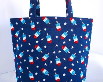 gift bag with red white blue popsicles, handmade cotton tote with handles, patriotic eco-friendly gift wrapping, 7" tall x 9" wide