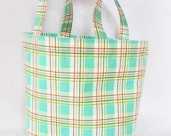 plaid gift bag with handles, green, white, turquoise colors, tote, gift wrapping