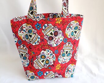 Day of the Dead gift bag, red sugar skull handmade medium size tote with handles, sugar skulls, gift wrapping for special occasion