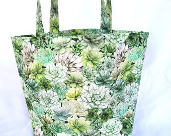 cotton fabric gift bag, succulent handmade, cactus tote with handles, gift wrapping, hostess gift, project bag