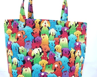 gift bag with colorful dog design, small tote with handles, packaging, carry bag, gift wrapping