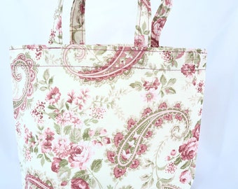 cotton fabric gift bag, green and soft pink flowers and paisley tote with handles, gift wrapping, hostess gift, Mother's Day bag