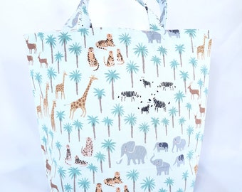 Safari gift bag, cotton fabric tote with handles, jungle animals gift bag, reusable eco-friendly, project bag, 7" tall x 9" wide