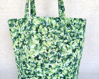 green cotton fabric gift bag, green leaves tote with handles, gift wrapping, hostess gift,