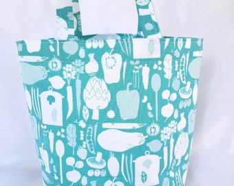 small gift bag vegetables, handmade cotton carry bag with handles, gift wrapping, project tote,