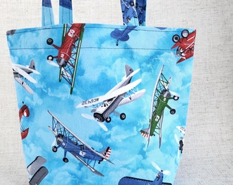 small gift bag with biplanes, cotton carry bag with handles, gift wrapping, project tote, old planes