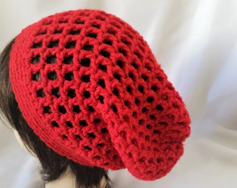 crochet red open weave slouch hat, extra slouchy knit hat, gift for her, winter hat, wide band for snug fit