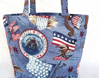 cotton fabric patriotic gift bag, handmade cotton tote with handles, red white blue eco-friendly gift wrapping, 7" tall x 9" wide