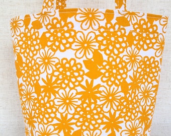 floral cotton fabric gift bag, tote with handles, gift wrapping, hostess gift, orange flowers