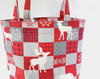 gift bag with handles, small size tote with moose and bucks design, holiday wrapping for adults and children, winter birthday gift bag