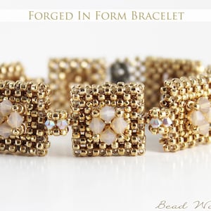May include: A gold-toned beaded bracelet featuring square-shaped segments linked together. Each square contains a cluster of four pale, iridescent crystals at the center, surrounded by small metallic beads. The text FORGED IN FORM BRACELET appears above.