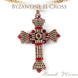 May include: A gold and red beaded Byzantine cross pendant with the text "Byzantine II Cross" and "Bead Woven Dreams".