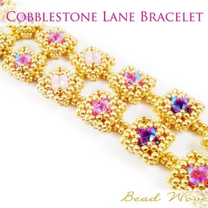 May include: A gold beaded bracelet with pink and purple crystals, featuring a square design. The bracelet is labeled "Cobblestone Lane Bracelet" and "Bead Woven Dreams".