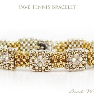 May include: A beaded tennis bracelet with gold and silver tones. The bracelet features square-shaped accents with iridescent stones. The text "Pavé Tennis Bracelet" is at the top of the image, and "Bead Woven Dreams" is at the bottom.