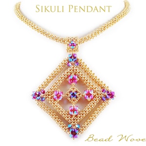 May include: A gold beaded necklace with a square pendant featuring a geometric design with pink and purple crystals. The necklace is labeled "SIKULI PENDANT" and "Bead Woven Dreams".