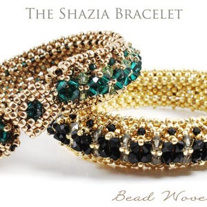 May include: Two beaded bracelets. One is gold with emerald green accents, the other is gold with black accents. The bracelets are labelled "The Shazia Bracelet" and "Bead Woven Dreams".