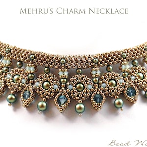 Puede incluir: Collar de cuentas con el texto "Mehru's Charm Necklace". El collar presenta una base dorada con detalles en verde oliva y azul. El diseño incluye cuentas en forma de lágrima y cuentas redondas.