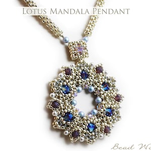 May include: A beaded necklace with a pendant featuring a lotus mandala design. The pendant is adorned with blue and purple gemstones, surrounded by silver beads. The necklace has the text "Lotus Mandala Pendant" at the top.