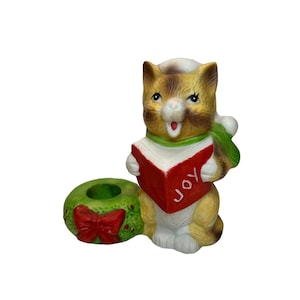 Vintage JSNY Holiday Friends Porcelain Bisque Christmas Cat Candle Holder