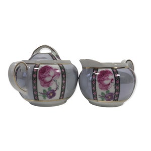 Victoria Czechoslovakia Bohemian Lusterware Cream & Sugar Set Roses Vintage