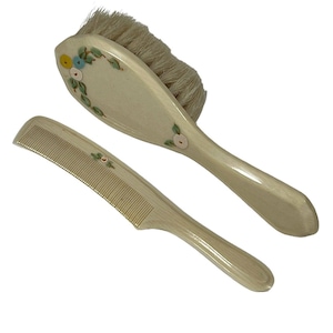 Antique Vintage Children&#39;s Baby Comb and Brush Celluloid With Floral Handpainted