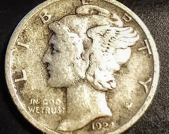 Vintage 1924-S Better Date Silver Mercury Dime Ten Cent Piece Antique Authentic U.S Coin 1.00 Shipping