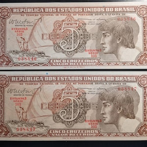 Pair of Consecutive Antique Uncirculated Crisp 5 Cinco Cruzeiro Republica dos Estados Unidos do Brasil, Brazil Banknotes Currency