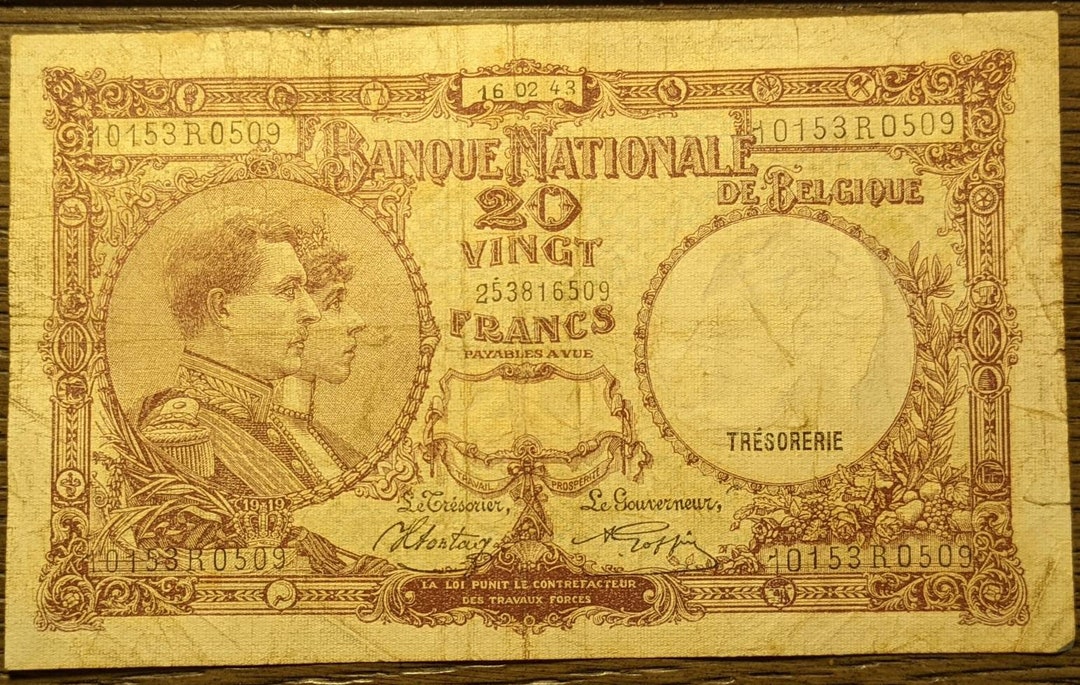 Vintage 1943 Antique Circulated Nationale Bank Van Belgie Vingt 20 ...